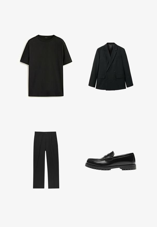 Schwarzer, doppelt geknöpfter Blazer aus glattem Stoff mit Reverskragen, zwei Vorderseiten-Taschen und Knopfverschluss. Maßgeschneiderte, strukturierte Form.; Schwarzes Baumwoll-T-Shirt mit klassischem Rundhalsausschnitt, kurzen Ärmeln und lockerer Passform. Glatte Textur, keine Muster oder Verzierungen.; Schwarze Hose mit geradem Schnitt, aus einem glatten Stoff gefertigt. Verfügt über Vorderfalten und einen einzelnen Knopfverschluss an der Taille.; Schwarzer Leder-Slipper mit dicker Gummisohle und klassischem Penny-Detail an der Riemen, von der Außenseite gezeigt.