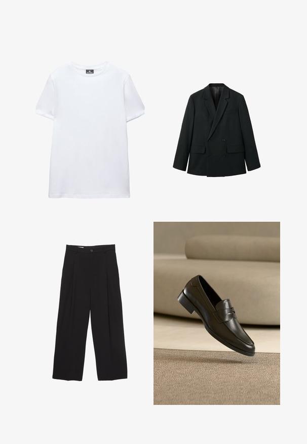 Blazer noir croisé en tissu lisse avec des revers crantés, deux poches avant et des fermetures à bouton. Design ajusté et structuré.; T-shirt blanc uni à manches courtes, col rond, avec une étiquette noire Pull&Bear à l'intérieur du col, présenté sur fond blanc.; Pantalons larges noirs en tissu lisse, avec une taille plate, des plis avant et un bouton unique.; Mocassin en cuir noir flottant au-dessus d'un tapis beige avec un canapé beige en arrière-plan, mettant en valeur le design classique pour hommes sans lacets.