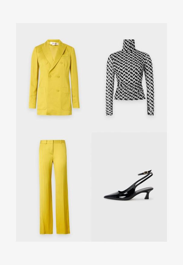 Blazer croisé jaune vif, fabriqué en tissu lisse, doté de revers à encoches, deux poches avant et une poche poitrine unique.; Haut à manches longues avec col roulé en tissu noir transparent orné d'un motif répétitif de chaînes blanches. Coupe ajustée avec des détails froncés subtils à la taille.; Pantalon à jambes larges de couleur jaune vif, en tissu lisse. Comprend une poche frontale et une ceinture cintrée pour un look structuré.; Escarpins à brides arrière en cuir verni noir, à bout pointu, avec un petit talon carré et une sangle de cheville ajustable dotée d'une boucle dorée.