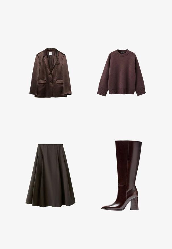 Brun satinblazer med hakkede revers, to forlommer med klap, brystlomme med åbning og to knapper foran.; Løs pasform sweater i mørk bordeaux, lavet af blødt strikket stof. Har en ribstrikket rund hals, vide ærmer og en ribstrikket kant.; Sort A-formet nederdel med høj talje og vid nederste kant, lavet af glat stof, vist mod en hvid baggrund.; Brune læder knæhøj støvle med spids tå og tekstureret blokhælb. Har rent design og minimal syning.