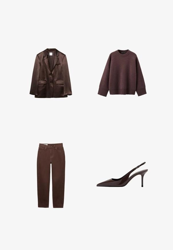 Brun satinblazer med hakkede revers, to forlommer med klap, brystlomme med åbning og to knapper foran.; Løs pasform sweater i mørk bordeaux, lavet af blødt strikket stof. Har en ribstrikket rund hals, vide ærmer og en ribstrikket kant.; Brune jeans med lige ben, frontknap, lynlåslukning og femlomme-design på hvid baggrund.; Brune patenteret læder slingback hæle med spids tå, slank hæl og justerbar spænde-rem. Glat tekstur og skinnende finish.
