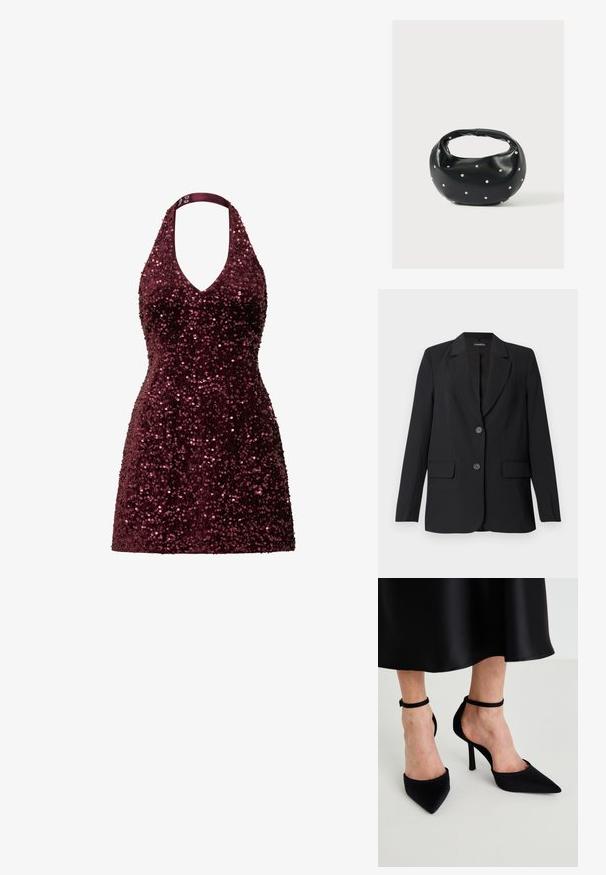 Sort blazer lavet af glat stof med et struktureret design, med en hakket krave, to forlommer og lukning med to knapper.; Bordeaux halterneck kjole dækket med palietter, med en dyb V-udskæring og en tætsiddende, kort silhuet. Glat tekstur med reflekterende detaljer.; Sorte spidse hæle lavet af glat stof med en stiletto hæl og en smal ankelrem, der har et åbent sideskud.; Sort læderhåndtaske med en rundet form, dekoreret med sølvnitter, og et kort håndtag. Glat tekstur og lynlåslukning.
