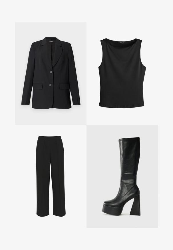 Sort blazer lavet af glat stof med et struktureret design, med en hakket krave, to forlommer og lukning med to knapper.; Sort ærmeløs tætsiddende top med rund halsudskæring og ingen synlige mønstre eller pynt.; Sorte bukser med bredde ben og flad talje, med forreste folder og en glat tekstur. Ingen synlige lommer eller metaldele.; Sorte læder knæhøje støvler med en chunky platform og geometrisk høj hæl. Glat tekstur med syede detaljer ved den øverste kant.