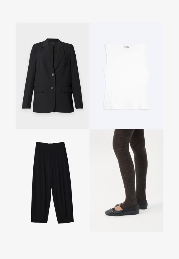 Blazer noir en tissu lisse avec un design structuré, doté d'un col cranté, de deux poches avant et d'une fermeture à deux boutons.; Débardeur blanc ajusté sans manches avec un col rond et un design minimaliste, étiqueté "WEEKDAY" à l'intérieur du col.; Pantalons larges noirs en tissu léger, avec des plis avant, une taille classique et des poches latérales. Texture douce.; Jambes portant des leggings côtelés foncés associés à des ballerines noires avec de petits détails en nœud sur fond blanc.