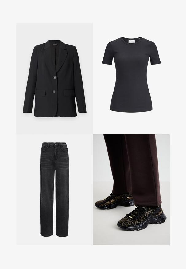 Zwarte blazer gemaakt van gladde stof met een gestructureerd ontwerp, voorzien van een kraag met inkeping, twee voorzakken en een sluiting met twee knopen.; Zwarte geribbelde T-shirt met korte mouwen en een ronde hals. Gemaakt van een zachte, rekbare stof, met een subtiele textuur en een aansluitende snit.; Zwarte denim wide-leg jeans met een hoge taille, vijf zakken en een sluiting met een knoop aan de voorkant. Gladde textuur met een lichte vervagingseffect.; Zwarte sneakers met gouden spikkels, een gestructureerd oppervlak en een stevige zwarte zool. Gekoppeld aan bruine sweatpants met een slim-fit ontwerp.