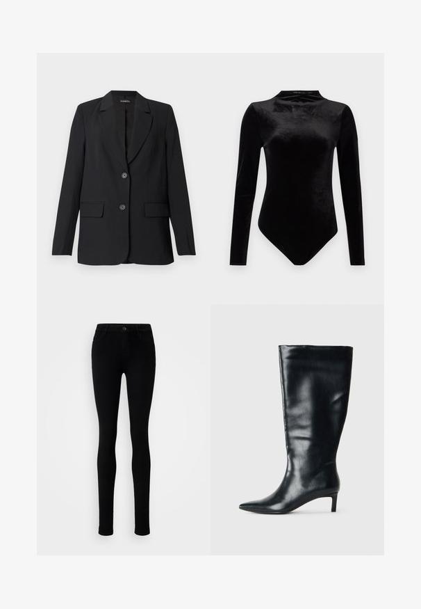 Sort blazer lavet af glat stof med et struktureret design, med en hakket krave, to forlommer og lukning med to knapper.; Good American Langærmet T-shirt - black; Sorte skinny jeans lavet af strækbart denim, med en lukning foran med knap, fem lommer og en glat, jævn tekstur.; Sort læderstøvle til knæet med spids tå og lav kitten hæl på ensfarvet lys baggrund.