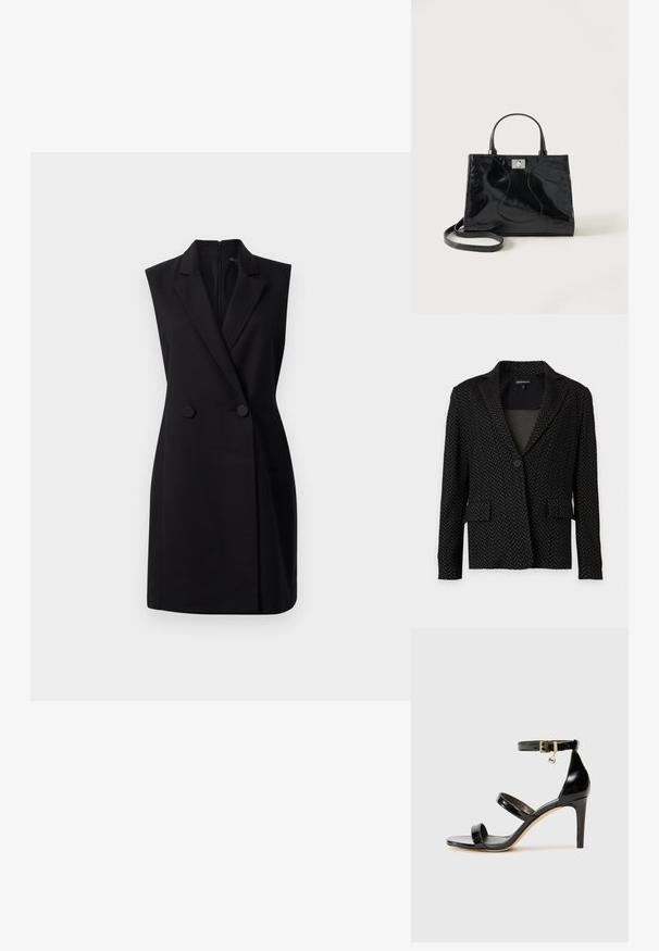 Schwarzer und dunkelgrauer Blazer mit Fischgrätmuster, Kragen, Ein-Knopf-Verschluss und zwei vorderen Klappentaschen.; Schwarzes ärmelloses Blazerkleid mit taillierter Passform, doppelter Knopfleiste und glatter Textur. Verfügt über einen Reißverschluss auf der Rückseite für ein einfaches Anziehen.; Schwarze Lackleder-Sandale mit drei Riemen, Knöchelriemen und 10 cm hohen Stiletto-Absatz. Verfügt über goldfarbene Hardware-Details und ein Logo-Charm.; Schwarze Handtasche aus Lackleder mit abgerundeten Griffen, abnehmbarem Schulterriemen und silberner Verschlussklammer auf einfachem weißem Hintergrund.