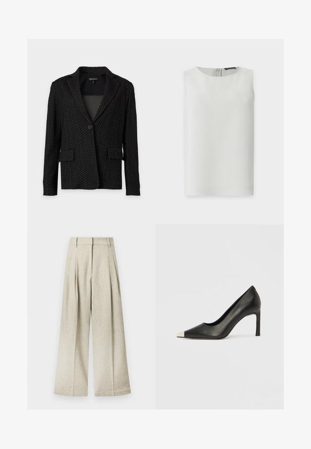 Blazer noir et gris foncé à motif chevrons, avec col, fermeture par un seul bouton et deux poches à rabat à l’avant.; Blouse blanche sans manches avec encolure ronde et fermeture éclair visible dans le dos, présentée sur fond blanc uni.; Pantalon à jambes larges en tissu gris clair avec une finition texturée, présentant des plis à l'avant et une ceinture plate, sans poches visibles.; Chaussure à talon haut en cuir noir avec bout pointu et capuchon argenté métallique. Présente une finition lisse et un talon fin de 10 cm.