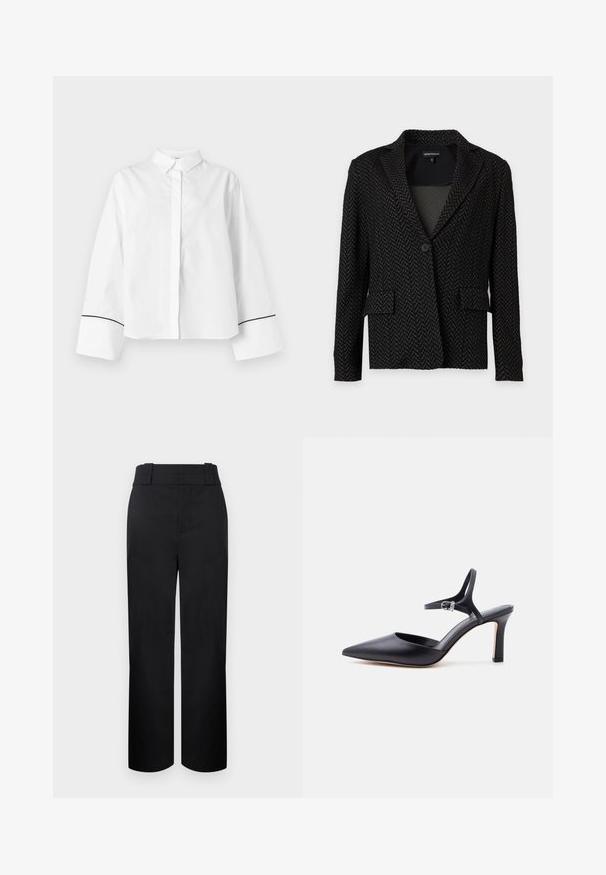 Blazer noir et gris foncé à motif chevrons, avec col, fermeture par un seul bouton et deux poches à rabat à l’avant.; Chemise blanche à manches longues boutonnée, col pointu, larges poignets avec fine bordure noire près des extrémités, devant uni et coupe décontractée.; Pantalon noir taille haute, jambes droites, avec larges passants de ceinture et fermeture avant dissimulée sur un fond clair.; Escarpin noir à bout pointu avec fine bride à la cheville et boucle argentée, finition en cuir lisse, chaussure élégante pour femme.