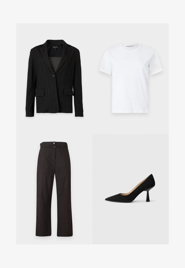 Zwart en donkergrijze blazer met visgraatpatroon, kraag, sluiting met één knoop en twee voorzakken met klep.; Effen wit T-shirt met korte mouwen en ronde hals, plat gelegd op een lichte achtergrond, vooraanzicht met een klein zichtbaar merketiket in de kraag.; Zwarte wijde broek met een soepele textuur, voorzien van een knoopsluiting en een riemlus op de taille. Inclusief subtiele naaddetails.; Zwarte suède high-heeled pump met een spitse neus, voorzien van een glanzende zwarte blokhak en een gladde binnenvoering.