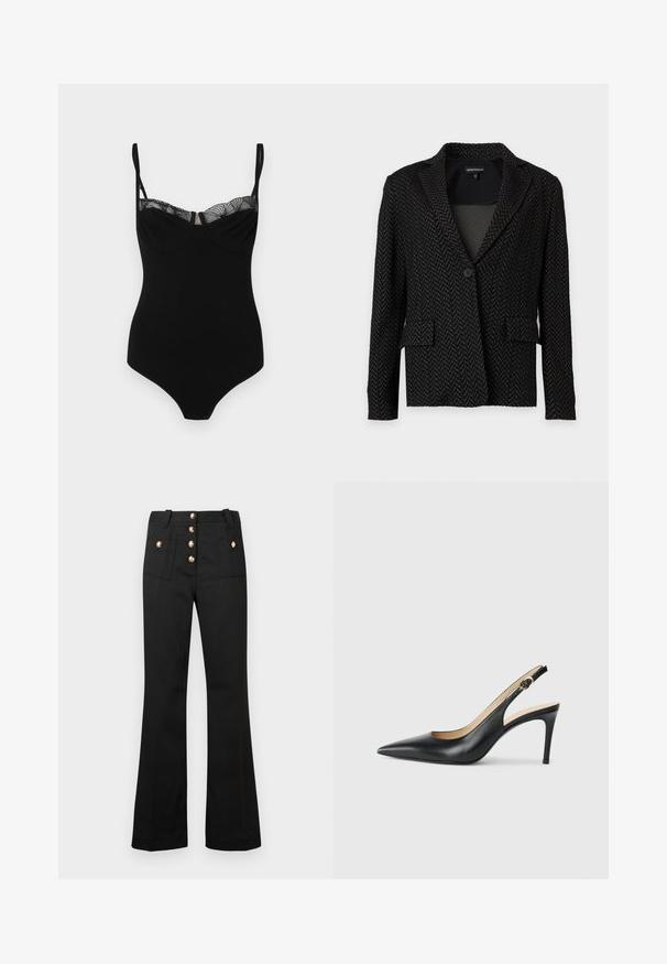 Blazer noir et gris foncé à motif chevrons, avec col, fermeture par un seul bouton et deux poches à rabat à l’avant.; Bodysuit noir avec bretelles réglables, présentant une bordure en dentelle le long de l'encolure, une texture sans couture et une coupe ajustée.; Pantalon noir évasé en tissu texturé, fermeture à cinq boutons dorés et deux poches avant. Coupe ajustée avec détails de coutures visibles.; Escarpins en cuir noir avec une pointe fine, une bride ajustable et un talon aiguille élégant, présentant une finition lisse.
