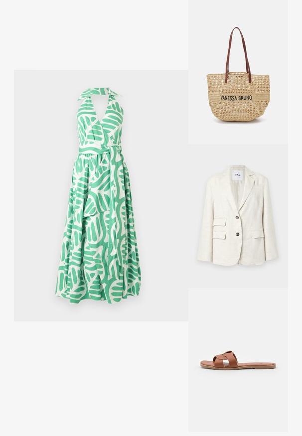 Lys beige blazer lavet af tekstureret stof, med et klippet krave, to frontlommer og to sorte knapper. Etiketten siger "DAY."; Grøn og hvid halterneckkjole med en indviklet design, tætsiddende overdel og lang nederdel med bladmønster og bælte i taljen.; Brune flade slide-sandaler lavet af glat læder med et krydset remdesign, der har en flad sål og en minimalistisk stil.; Vanessa Bruno PANIER - Shopping bags - sable/noir