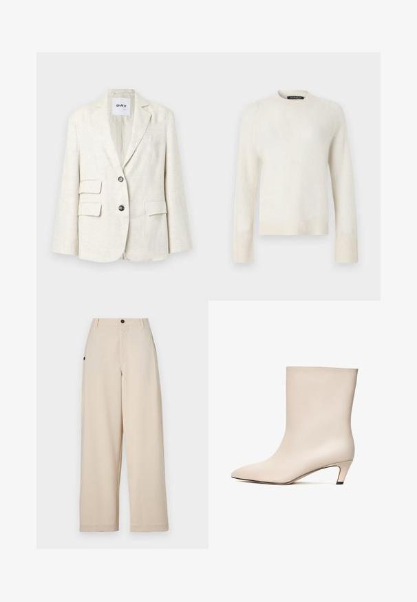 Blazer beige clair en tissu texturé, avec un revers cranté, deux poches avant et deux boutons noirs. L'étiquette indique "DAY."; Pull blanc à manches longues avec col rond, poignets et ourlet côtelés, présenté sur un fond clair uni.; Pantalons à jambes larges beige en tissu doux, dotés d'une fermeture à bouton sur le devant, de poches latérales et d'une coupe décontractée.; Bottine en cuir beige avec un bout pointu et un talon conique. Texture lisse avec un minimum de coutures et une silhouette épurée.