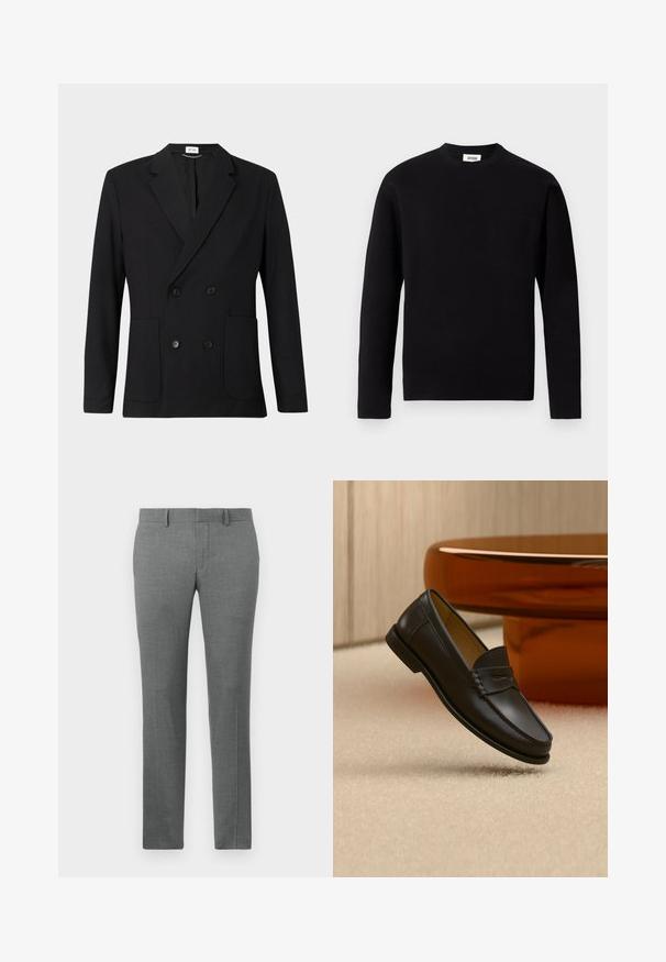 Blazer noir à double boutonnage avec revers en pointe, quatre boutons, manches longues et deux poches plaquées à l'avant sur un fond uni.; Pull noir à manches longues et col rond, fabriqué en tissu doux. Il possède une poche sur la poitrine gauche et un ourlet droit avec des détails de texture minimaux.; Pantalons gris ajustés avec une texture lisse, design à jambe droite, passants de ceinture et un motif chevron subtil sur l'ensemble.; Chaussure mocassin en cuir noir suspendue au-dessus d’un tapis beige avec du mobilier moderne couleur ambre en arrière-plan.