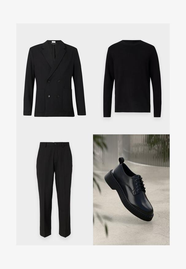 Zwart dubbelzijdig blazer met notch-revers, vier knopen, lange mouwen en twee voorzakken op een effen achtergrond.; Zwarte gebreide trui met een ronde halslijn en lange mouwen. Soepele textuur en effen kleur, zonder zichtbare patronen of accenten.; Zwarte broeken van soepele stof, met een rechte pijpconstructie, vo pockets, een enkele knoopsluiting en geen zichtbare patronen.; Zwarte leren schoen met een ronde neus, vetersluiting en een dikke rubberen zool met een gestructureerde rand. Strakke afwerking en minimale hardware.