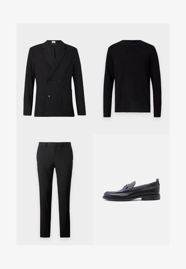 Blazer negro de doble botonadura con solapas con muesca, cuatro botones, mangas largas y dos bolsillos de parche en la parte delantera sobre un fondo liso.; Suéter negro de punto con cuello redondo y mangas largas. Textura suave y color sólido, sin patrones ni acentos visibles.; Pantalones negros a medida en una tela suave. Presentan un diseño de pierna recta, pliegues frontales y trabillas para cinturón para un tamaño ajustable.; Mocasín de cuero negro con empeine gris texturizado, detalle de hebilla metálica plateada, tacón bajo y lengüeta para tirar en la parte trasera.