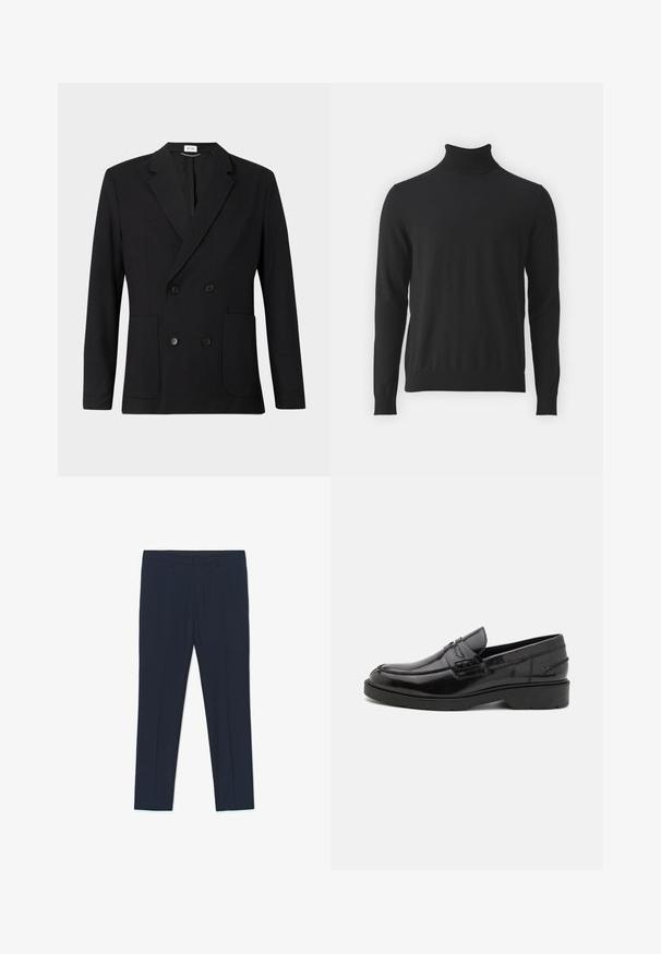 Sort dobbeltbrystet blazer med notch-lapper, fire knapper, lange ærmer og to forreste påsatte lommer på en ensfarvet baggrund.; Sort turtleneck sweater lavet af blødt stof, med lange ærmer og ribbet krave, en glat tekstur og tætsiddende design.; Marineblå formelle bukser med skræddersyet design, en glat tekstur og to forlommer, med rene linjer og en lige pasform.; Sorte læder loafers med en glat finish, rund tå, lav hæl og dekorativ syning langs forsiden. Gummisål for godt greb.