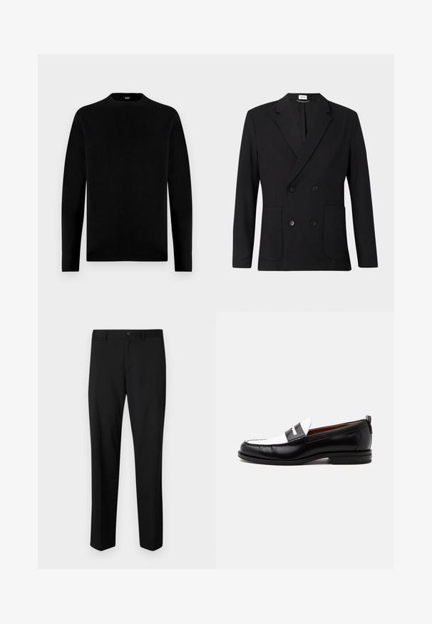 Blazer negro de doble botonadura con solapas con muesca, cuatro botones, mangas largas y dos bolsillos de parche en la parte delantera sobre un fondo liso.; Sudadera negra de manga larga con cuello redondo, de diseño sencillo y sólido, con una pequeña etiqueta de la marca en el interior del cuello.; Pantalones de traje negros con frente plano, cintura estándar y piernas rectas. Hechos de una tela suave, con un cierre de botón único.; Mocasín de cuero blanco y negro con detalles cosidos, tacón bajo y diseño tipo slip-on, mostrado de lado sobre un fondo liso.