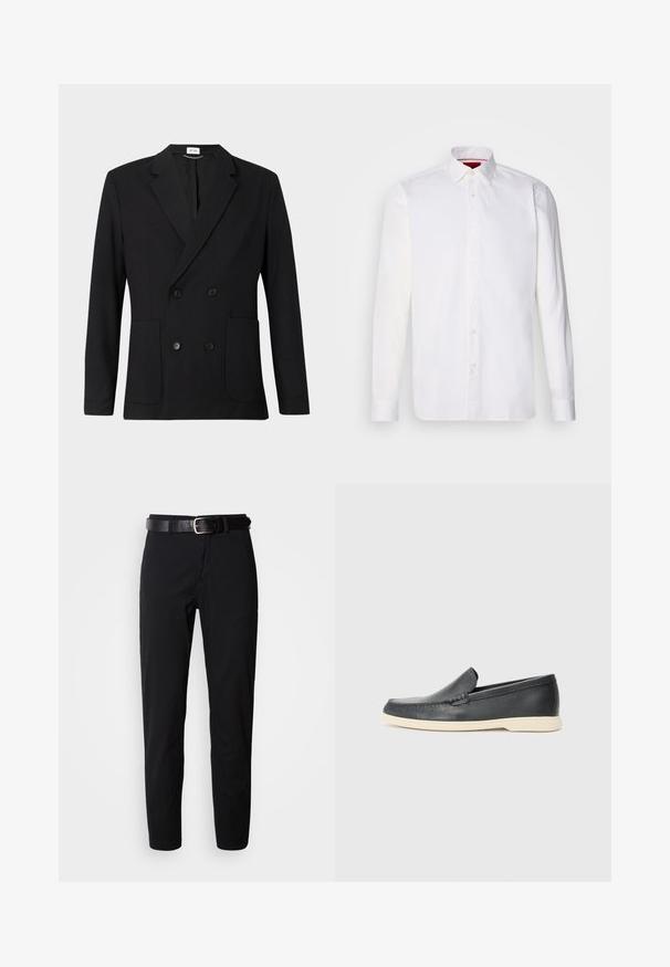 Zwart dubbelzijdig blazer met notch-revers, vier knopen, lange mouwen en twee voorzakken op een effen achtergrond.; Witte overhemd met lange mouwen van katoen, met een klassieke kraag, een voorkant met knopen en een gladde textuur. Rode details aan de binnenkant van de kraag.; Zwarte broek met een rechte snit, voorzien van een zachte textuur en een zwarte leren riem met een zilveren gesp. Eenvoudig ontwerp, zonder patronen of accenten.; Zwarte leren instapper loafer met beige zool, zwevend in de lucht nabij een metalen draad tijdschriftenrek op een terrazzo vloer.