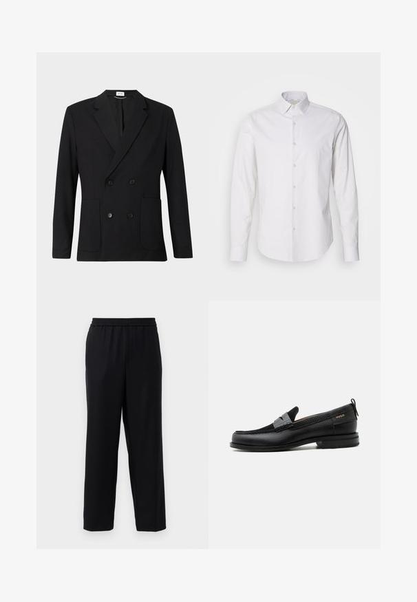 Sort dobbeltbrystet blazer med notch-lapper, fire knapper, lange ærmer og to forreste påsatte lommer på en ensfarvet baggrund.; Hvid langærmet skjorte med spids krave, knaplukning foran, lavet af et glat stof. Har en subtil stribet tekstur.; Sorte bukser med elastisk talje, lige ben-design og et glat, let stof. Ingen synlige lommer eller mønstre.; Sort læderloafer med grå remdetalje, lav hæl og tekstureret sål, mærket med "HUGO" i guld på siden.