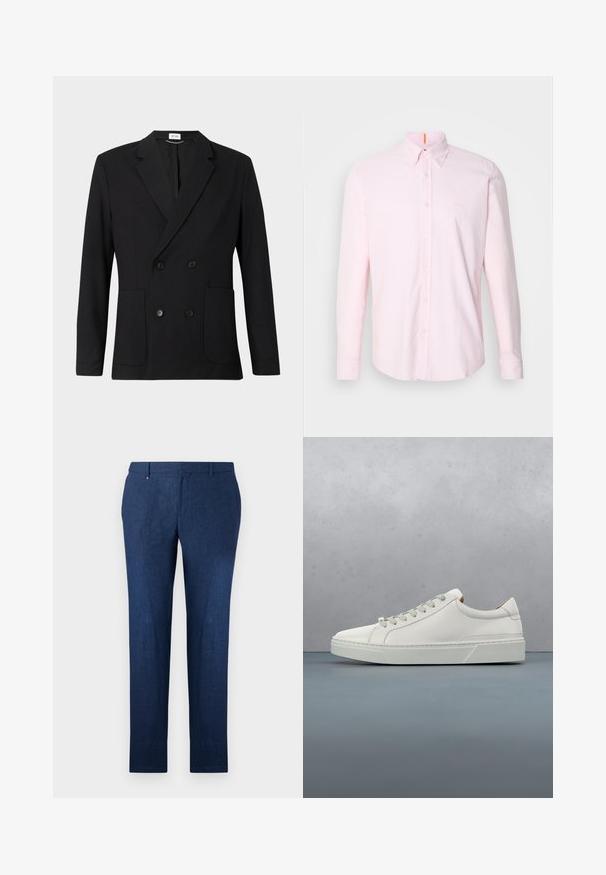 Sort dobbeltbrystet blazer med notch-lapper, fire knapper, lange ærmer og to forreste påsatte lommer på en ensfarvet baggrund.; Lyserød langærmet skjorte lavet af bomuld, med knap- ned krave, frontknapper og et lille logo på brystet.; Mørkeblå bukser lavet af struktureret stof, med lige ben og et klassisk fladt frontdesign. Ingen synlige mønstre eller accenter.; Hvid lædersneaker med rund tå, minimalistisk design, grå snørebånd og en tekstureret grå gummisål. Subtile syningsdetaljer er synlige.