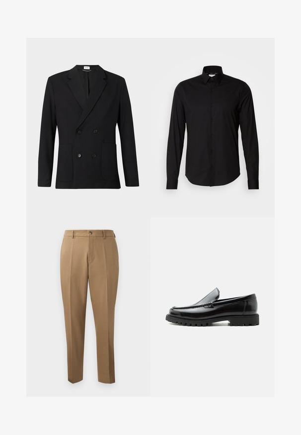 Zwart dubbelzijdig blazer met notch-revers, vier knopen, lange mouwen en twee voorzakken op een effen achtergrond.; Zwarte langgemouwen shirt van gladde stof. Bevat een klassieke kraag, knoopsluiting en rechte zoom. Geen patronen of accenten aanwezig.; Bruine maatwerkbroek met een rechte pasvorm, enkele plooien, riemlussen en een sluiting met een knoop aan de voorkant. Gladde stof met een matte textuur.; Zwarte leren loafer met dikke rubberen zool, gestikte bovenkant en gegraveerde merknaam op de hiel, zijaanzicht op witte achtergrond.