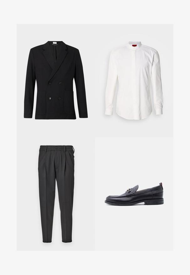Zwart dubbelzijdig blazer met notch-revers, vier knopen, lange mouwen en twee voorzakken op een effen achtergrond.; Wit overhemd met lange mouwen en een hoge kraag, gemaakt van katoen. Voorzien van een knoopsluiting aan de voorkant, minimalistisch design en subtiele branding aan de binnenkant van de kraag.; Zwarte broek van gladde stof, met een geplooide voorkant, elastische tailleband en rechte pijpen met een taps toelopende onderkant.; Zwarte leren loafer met grijze, gestructureerde vamp, zilveren metalen gesp, lage hak en trekkoord aan de achterkant.