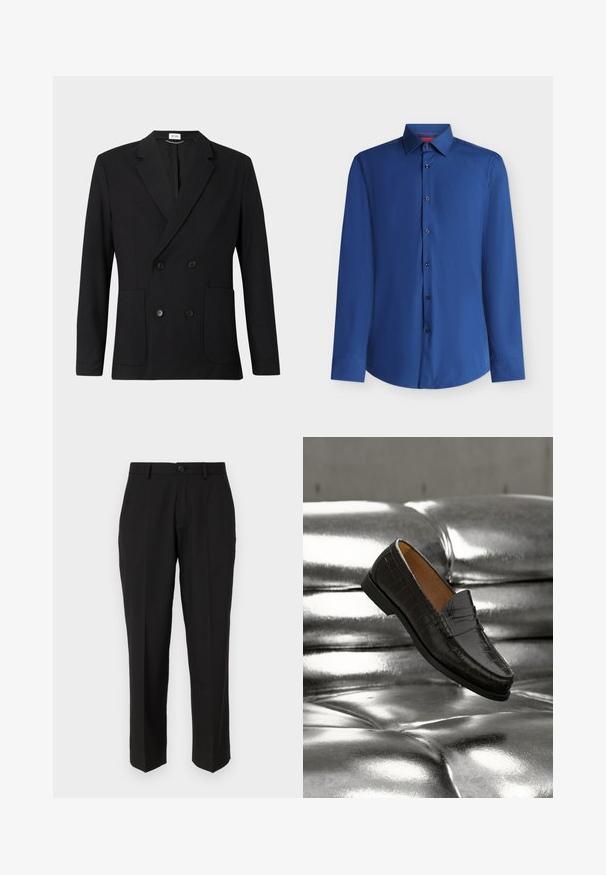 Sort dobbeltbrystet blazer med notch-lapper, fire knapper, lange ærmer og to forreste påsatte lommer på en ensfarvet baggrund.; Blå skjorte med lange ærmer, knappelukning foran og spidst krave, vist mod en hvid baggrund.; Sorte bukser lavet af glat stof, med lige ben design, forlommer, en enkelt knaplukning, og uden synlige mønstre.; Sort lædersko med krokodillemønster, svævende over en skinnende sølvfarvet sofa med knapper, der fremhæver skoens detaljer og tekstur i nærbillede.