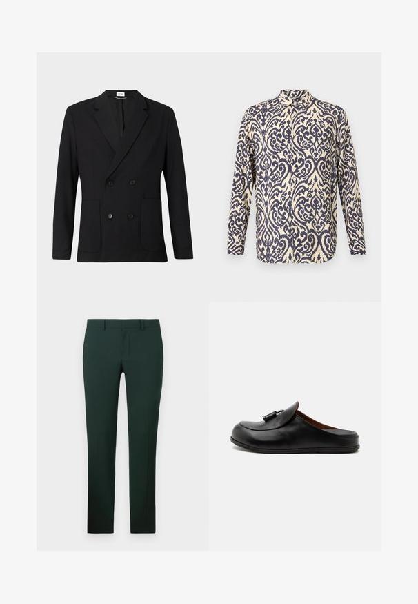 Sort dobbeltbrystet blazer med notch-lapper, fire knapper, lange ærmer og to forreste påsatte lommer på en ensfarvet baggrund.; Langærmet skjorte i en cremefarve med indviklede navy blå snoede mønstre, udstyret med krave og knaplukning foran.; Mørkegrønne bukser med en lige ben-design, lavet af et glat stof. Har en flad front og standard talje med bæltesløjfer.; Sort læder rygfri loafer med kvaster på toppen, vist fra siden på en lys ensfarvet baggrund.
