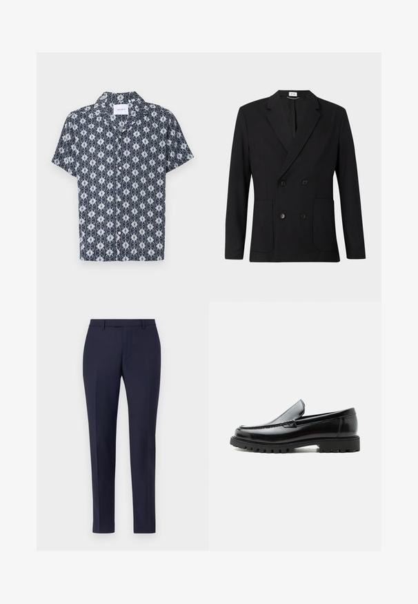 Schwarzes zweireihiges Blazer mit Reverskragen, vier Knöpfen, langen Ärmeln und zwei aufgesetzten Taschen vorne auf einem einfarbigen Hintergrund.; Kurzarmhemd aus navyblauem Stoff mit einem weißen und hellblauen aufwendigen Muster, mit Knopfverschluss und Kragen.; Navyblaue maßgeschneiderte Hose mit einem eleganten Design, flachem Vorderteil, schmalen Beinen und ohne sichtbare Beschläge oder Muster. Glatte Stofftextur.; Schwarzer Lederloafer mit grober Gummisohle, genähter Oberseite und geprägtem Markennamen an der Ferse, seitlich auf weißem Hintergrund gezeigt.