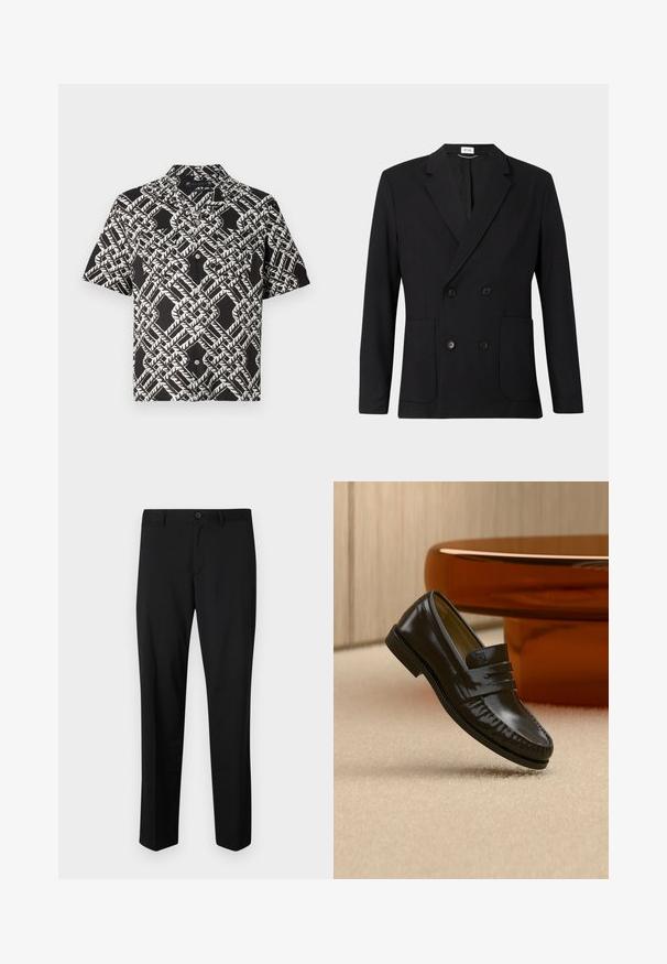 Zwart dubbelzijdig blazer met notch-revers, vier knopen, lange mouwen en twee voorzakken op een effen achtergrond.; Zwart overhemd met korte mouwen, knoopsluiting, en een wit abstract geometrisch bladpatroon met twee borstzakken.; Zwarte op maat gemaakte broek met een platte voorkant, standaard taille en rechte pijpen. Gemaakt van een gladde stof, met een enkele knoopsluiting.; Glanzende zwarte leren loafer met een banddetail, geplaatst op een beige tapijt naast een ronde bruine salontafel in een zacht verlichte kamer.