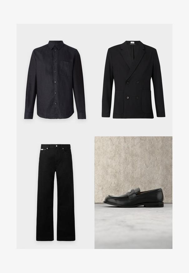 Sort dobbeltbrystet blazer med notch-lapper, fire knapper, lange ærmer og to forreste påsatte lommer på en ensfarvet baggrund.; Sort langærmet skjorte i tekstureret stof med knaplukning foran, klassisk krave og en brystlomme på venstre side.; Sorte denimbukser med bred ben-design, der har fem lommer og metallisk knapdetalje. Glat tekstur, uden synlige mønstre.; Sort læderloafer med metalbrandskilt hvilende nær et brunt rundt bord på beige tæppe.