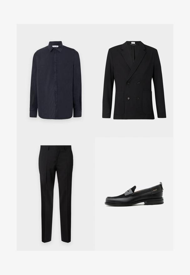 Schwarzes zweireihiges Blazer mit Reverskragen, vier Knöpfen, langen Ärmeln und zwei aufgesetzten Taschen vorne auf einem einfarbigen Hintergrund.; Samsøe Samsøe RYAN SHIRT - Hemd - salute; Schwarze maßgeschneiderte Hosen aus glattem Stoff, mit geradem Bein, feinen Bügelfalten und einem klassischen Bund mit Gürtelschlaufen.; Schwarzer Lederloafer mit grauem Riemendetail, niedrigem Absatz und strukturierter Sohle, seitlich mit „HUGO“ in Gold gebrandmarkt.