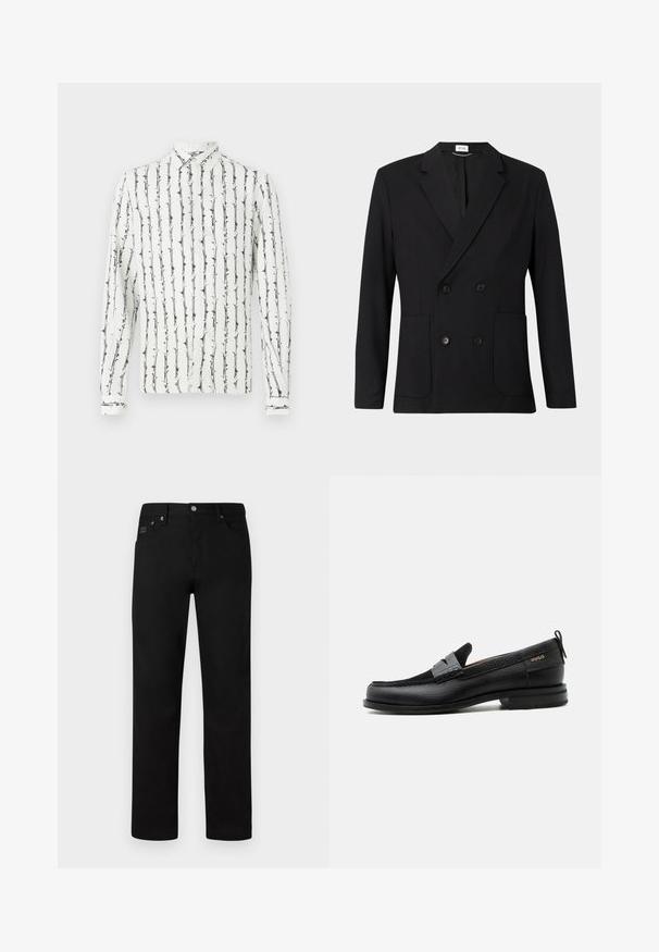 Sort dobbeltbrystet blazer med notch-lapper, fire knapper, lange ærmer og to forreste påsatte lommer på en ensfarvet baggrund.; Hvid skjorte med knapper, prydet med sorte lodrette striber og et blomstermønster. Lange ærmer med knapmanschetter. Fremstillet af et let materiale.; Sorte bukser med lige ben, lavet af glat stof, med knaplukning og diskrete forlommer.; Sort læderloafer med grå remdetalje, lav hæl og tekstureret sål, mærket med "HUGO" i guld på siden.