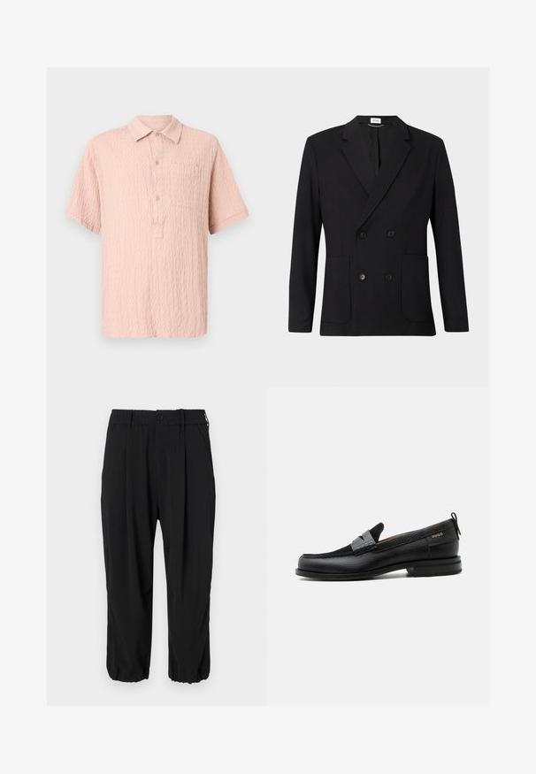 Blazer noir à double boutonnage avec revers en pointe, quatre boutons, manches longues et deux poches plaquées à l'avant sur un fond uni.; Chemise rose à manches courtes avec un tissu texturé, un devant à boutons et une poche poitrine simple. Design de col classique.; Pantalons noirs raccourcis avec une taille élastique à bouton, poches latérales et une coupe relaxée avec des poignets aux chevilles.; Mocassin en cuir noir avec détail de bride grise, talon bas et semelle texturée, marqué "HUGO" en or sur le côté.