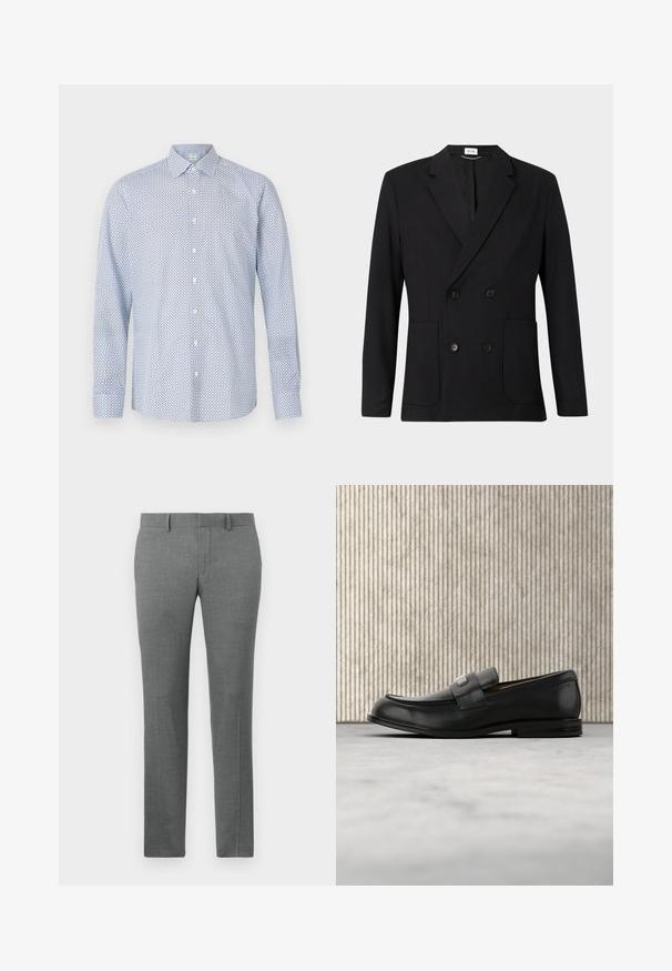 Blazer noir à double boutonnage avec revers en pointe, quatre boutons, manches longues et deux poches plaquées à l'avant sur un fond uni.; Chemise à manches longues boutonnée en bleu clair avec un motif géométrique et des boutons blancs, dotée d'un col pointu et d'une coupe décontractée.; Pantalons gris ajustés avec une texture lisse, design à jambe droite, passants de ceinture et un motif chevron subtil sur l'ensemble.; Mocassin en cuir noir avec une plaque de marque en métal reposant près d'une table ronde marron sur un sol recouvert de moquette beige.