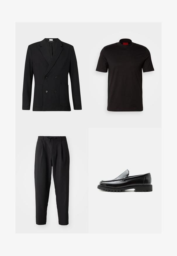 Zwart dubbelzijdig blazer met notch-revers, vier knopen, lange mouwen en twee voorzakken op een effen achtergrond.; Zwarte korte mouw t-shirt met een hoge nek ontwerp. Gemaakt van soepele stof. Bevat een rood merklabel op de binnenkant van de kraag.; Zwarte tapering broek met een elastische tailleband en trekkoord. Glad materiaal met een lichte textuur, voorzien van plooien en zijzakken.; Zwarte leren loafer met dikke rubberen zool, gestikte bovenkant en gegraveerde merknaam op de hiel, zijaanzicht op witte achtergrond.