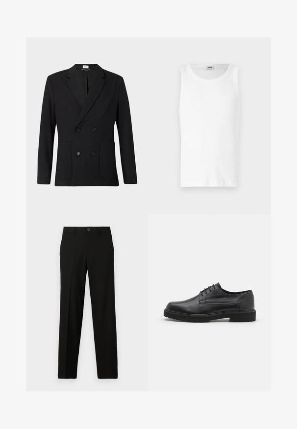 Schwarzes zweireihiges Blazer mit Reverskragen, vier Knöpfen, langen Ärmeln und zwei aufgesetzten Taschen vorne auf einem einfarbigen Hintergrund.; Weißes Baumwoll-Tanktop ohne Ärmel mit Rundhalsausschnitt und glatter Textur. Einfaches Design, ohne Muster oder Akzente.; Schwarze Hose aus glattem Stoff, mit geradem Schnitt, einem Knopfverschluss an der Taille und ohne sichtbare Muster oder Akzente.; Schwarzer Lederschuh mit abgerundeter Zehenpartie, glatter Oberfläche und minimaler Nahtführung. Verfügt über eine Schnürverschluss und eine dicke, strukturierte Gummisohle.