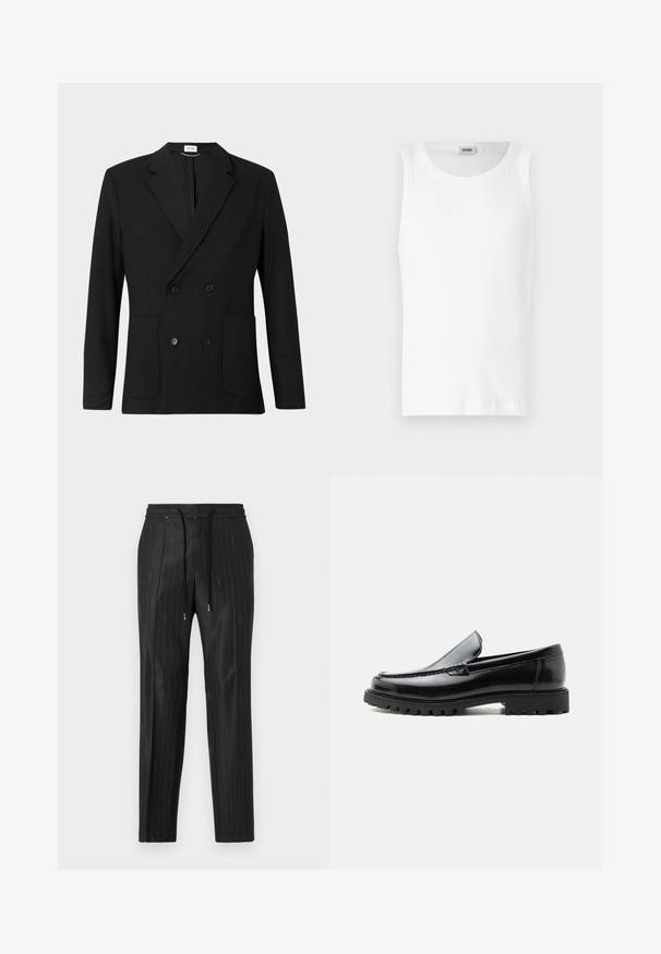 Blazer negro de doble botonadura con solapas con muesca, cuatro botones, mangas largas y dos bolsillos de parche en la parte delantera sobre un fondo liso.; Camiseta sin mangas de algodón blanco con cuello redondo y una textura suave. Diseño sencillo, sin patrones ni acentos.; Pantalones negros de rayas finas hechos de una tela elegante, con una cómoda cinturilla elástica y detalles de cordón. Presentan un discreto logotipo.; Mocasín de cuero negro con suela de goma gruesa, empeine cosido y nombre de la marca en relieve en el talón, mostrado en perfil lateral sobre fondo blanco.