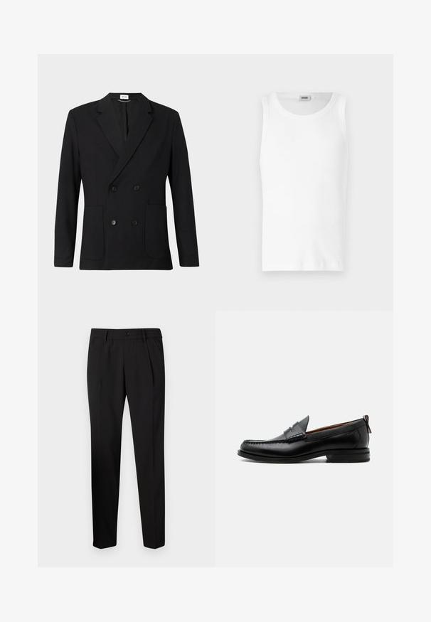 Sort dobbeltbrystet blazer med notch-lapper, fire knapper, lange ærmer og to forreste påsatte lommer på en ensfarvet baggrund.; Hvid bomulds tanktop uden ærmer med rund halsudskæring og en glat tekstur. Enkel design, ingen mønstre eller accenter.; Sorte skræddersyede bukser med lige pasform, der har et elastisk talje bånd, en enkelt knap lukning og to frontplisseringer for ekstra detalje.; Sort læder herre loafer med moc-tå syning, penny strop, struktureret krave og lav stablet hæl på hvid baggrund.