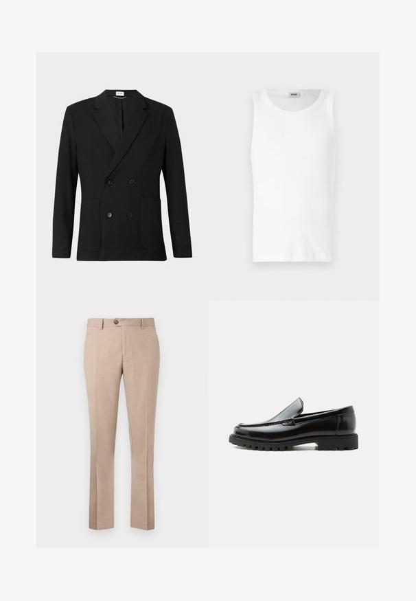 Blazer negro de doble botonadura con solapas con muesca, cuatro botones, mangas largas y dos bolsillos de parche en la parte delantera sobre un fondo liso.; Camiseta sin mangas de algodón blanco con cuello redondo y una textura suave. Diseño sencillo, sin patrones ni acentos.; Pantalones beiges hechos de una tela ligera, con un corte recto, cierre de un solo botón y dos bolsillos frontales.; Mocasín de cuero negro con suela de goma gruesa, empeine cosido y nombre de la marca en relieve en el talón, mostrado en perfil lateral sobre fondo blanco.