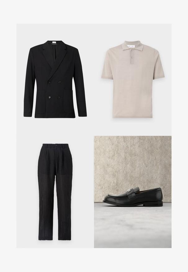 Blazer negro de doble botonadura con solapas con muesca, cuatro botones, mangas largas y dos bolsillos de parche en la parte delantera sobre un fondo liso.; Camisa polo de manga corta en algodón beige claro, con un cuello clásico, tapeta de dos botones y un acabado liso y texturizado.; Pantalones negros de pliegues con una tela texturada y con patrón. Presentan una cintura elástica y cierre de botón, diseño de pierna recta.; Mocasín de cuero negro con una placa metálica de marca apoyado cerca de una mesa redonda marrón sobre un suelo alfombrado beige.