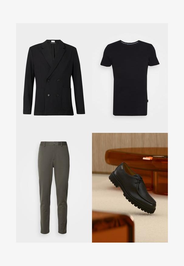 Schwarzes zweireihiges Blazer mit Reverskragen, vier Knöpfen, langen Ärmeln und zwei aufgesetzten Taschen vorne auf einem einfarbigen Hintergrund.; Lindbergh T-Shirt basic - black; Olivgrüne Hose aus dehnbarem Stoff, mit einem Knopfverschluss am Bund, slim fit und geraden Beinen ohne Muster oder auffällige Hardware.; Schwarzer, strukturierter Leder-Schnürschuh mit dicker, profilierter Sohle, mit dem Markenschriftzug "HUGO" nahe der Ferse, präsentiert vor einem beigen Teppich und bernsteinfarbenen Möbeln.