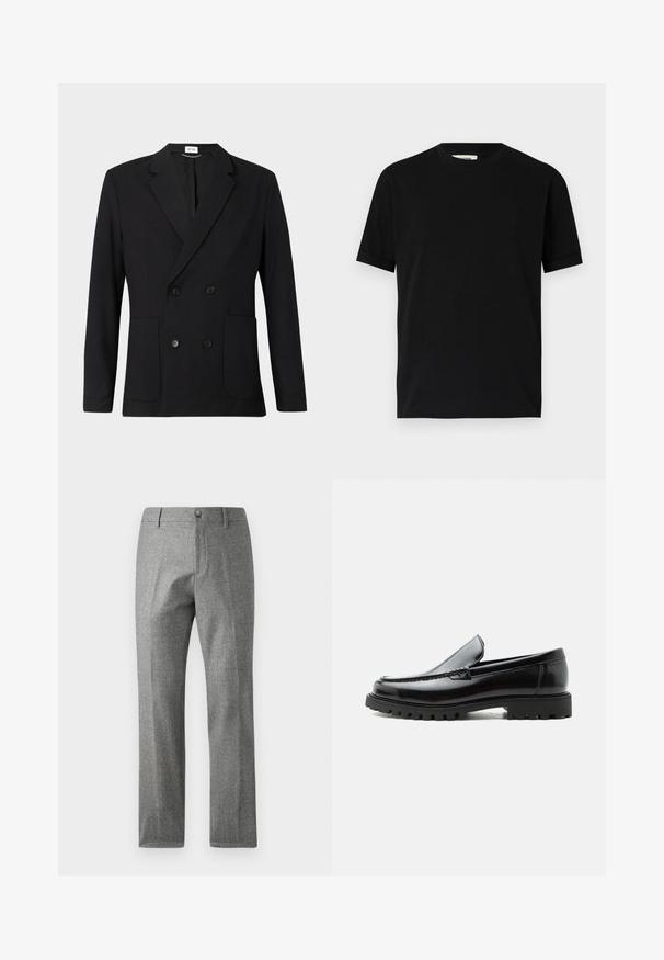 Sort dobbeltbrystet blazer med notch-lapper, fire knapper, lange ærmer og to forreste påsatte lommer på en ensfarvet baggrund.; Sort kortærmet t-shirt lavet af bomuld med rund halsudskæring og løs pasform. Glat tekstur, ingen mønstre eller synlige logoer.; Grå teksturerede bukser med lige ben-design, der har en frontknap og lynlås lukning. Diskret hørfiskebensmønster.; Sort læderloafer med chunky gummisål, syet overdel og præget mærkenavn på hælen, vist i sideprofil på hvid baggrund.
