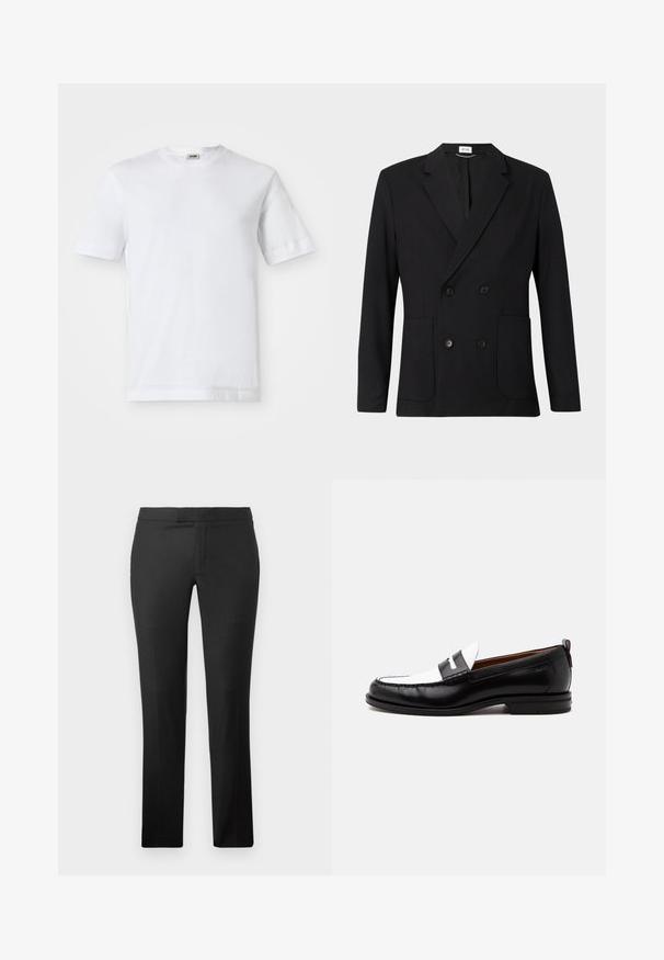Blazer negro de doble botonadura con solapas con muesca, cuatro botones, mangas largas y dos bolsillos de parche en la parte delantera sobre un fondo liso.; Camiseta de algodón blanca con mangas cortas, escote redondo y una textura suave. No se observan patrones ni detalles.; Pantalones rectos negros hechos de una tela suave, con un diseño de frente plano, sin bolsillos visibles y una cintura limpia.; Mocasín de cuero blanco y negro con detalles cosidos, tacón bajo y diseño tipo slip-on, mostrado de lado sobre un fondo liso.