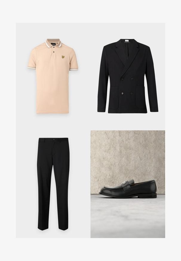 Blazer noir à double boutonnage avec revers en pointe, quatre boutons, manches longues et deux poches plaquées à l'avant sur un fond uni.; Polo beige en coton, avec un plastron à deux boutons, des accents rayés blancs sur le col et les manches, ainsi qu'un logo jaune sur la poitrine.; Pantalons noirs ajustés avec une coupe plate, taille standard et jambes droites. Fabriqués en tissu lisse, dotés d'une fermeture à un bouton.; Mocassin en cuir noir avec une plaque de marque en métal reposant près d'une table ronde marron sur un sol recouvert de moquette beige.