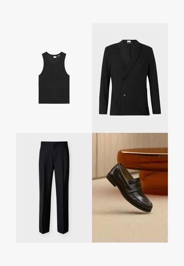Sort dobbeltbrystet blazer med notch-lapper, fire knapper, lange ærmer og to forreste påsatte lommer på en ensfarvet baggrund.; Sort tanktop med et tekstureret mønster, uden ærmer og rund halsudskæring. Fremstillet af let strikmateriale.; Sorte skræddersyede bukser med lige snit, foldet forstykke og sidelommer. Fremstillet af et glat, let stof med et ensartet mønster.; Skinnende sort læderloafer med remdetalje, placeret på beige tæppe nær et rundt brunt sofabord i et blødt oplyst rum.