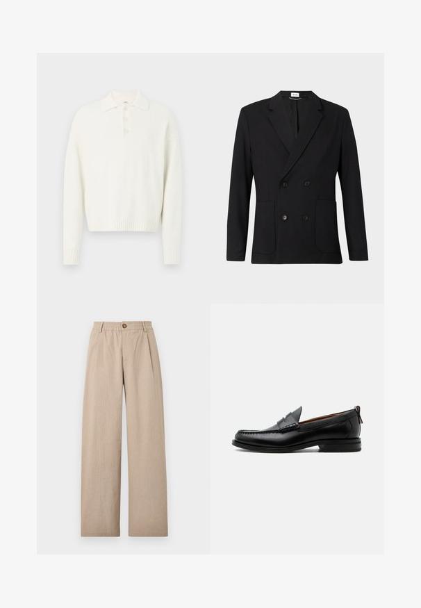 Blazer negro de doble botonadura con solapas con muesca, cuatro botones, mangas largas y dos bolsillos de parche en la parte delantera sobre un fondo liso.; Suéter blanco de cuello con tres botones en la parte delantera y puños y dobladillo acanalados. Tejido suave y texturizado con un ajuste relajado.; Pantalones de pierna ancha en color beige con un acabado texturizado, que cuentan con pliegues y una cinturilla elástica, asegurada por un botón de bronce en la parte delantera.; Mocasín de hombre de piel negra con costura moc toe, tira penny, cuello texturizado y tacón bajo apilado sobre fondo blanco.