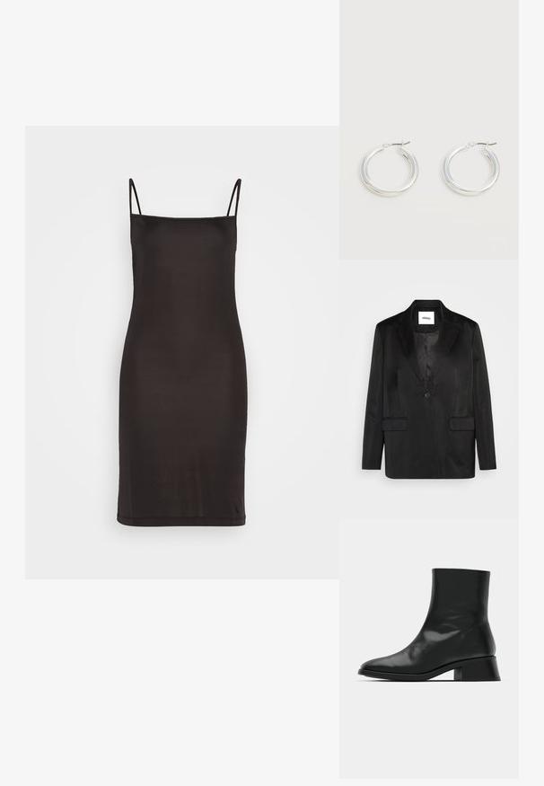 Schwarze Blazer aus glattem Stoff, mit Reverskragen, einzelner Knopfverschluss und zwei Vordertaschen. Taillierte Silhouette und klassisches Design.; Schwarzes Slipkleid mit dünnen Spaghetti-Trägern, aus glattem Stoff gefertigt, mit einer körpernahen Silhouette, die knapp über dem Knie endet.; Schwarze Ankle Boots aus glänzendem Leder, mit einem eleganten Design, spitzer Zehenpartie und einem moderaten Blockabsatz für Stabilität.; Paar mittelgroße glänzende silberne Hoop-Ohrringe mit dünnen Metallverschlüssen auf hellem neutralem Hintergrund.