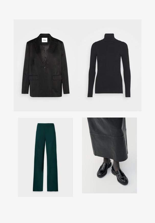 Blazer negro de tejido suave, que presenta solapas con muesca, cierre de un solo botón y dos bolsillos frontales. Silueta ajustada y diseño clásico.; Suéter ajustado de canalé negro con cuello alto, que presenta mangas largas y una silueta ceñida. La textura es suave con un patrón de canalé horizontal.; Pantalones verde oscuro de corte recto con trabillas para cinturón, cremallera frontal y perneras anchas, colocados planos sobre un fondo blanco.; Mocasines de cuero negro con un acabado suave, que presentan una tira decorativa, puntera redonda y suela texturizada. Llevados con una falda larga de cuero negro.